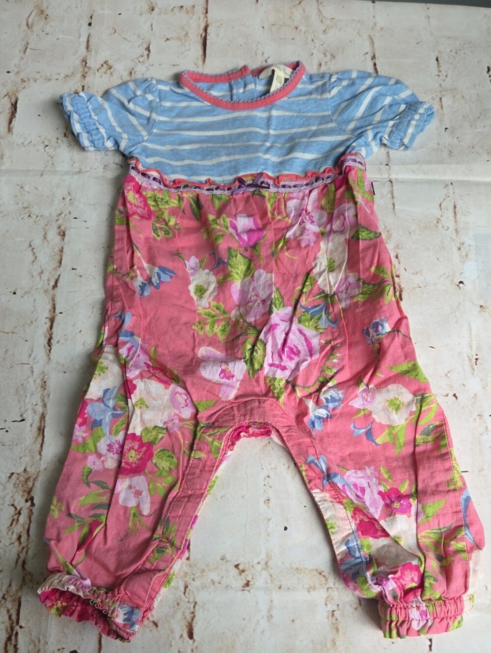 Matilda Jane Pink Floral & Light Blue Striped Baby One-Piece